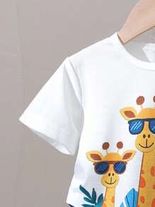 Conjunto de 4 piezas para bebé niño, izquierda: Camiseta blanca con estampado de jirafa + pantalones cortos verde fresco, lleno de encanto infantil; derecha: Camiseta con estampado de león + pantalones cortos de cintura elástica naranja, moda y juguetona - Multicolor - Ver 3