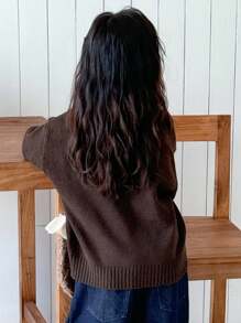 DAZY Girls V-Neck Loose Casual Sweater, Young Girl Fall Clothes - Coffee Brown - View 4
