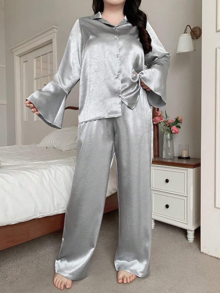Dazy Plus Plus 2pcs Loose Fit Cardigan Flare Sleeve Top And Wide Leg Pants Pajama Set, Spring/Autumn, Fall Clothes