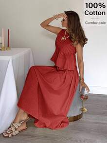 Siren Gaze 奢华纹理 A 字形褶皱抗皱长裙 - 紅色 - 查看 2