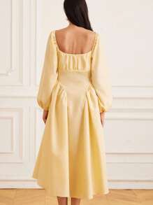 Chiquease Váy xòe tay đèn lồng phong cách Pháp thanh lịch, cổ vuông, eo thon, thiết kế ôm sát, thanh lịch, đa năng - Vàng nhạt - Xem 6