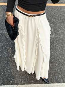 Siren Gaze 秋季女装 - 女士 A 字裙，米色雪纺松紧腰荷叶边下摆，2025 年秋季新款必备单品，非常适合办公室装扮、约会之夜、返校季、演唱会装扮和休闲装，时尚百搭飘逸的秋季女士服装