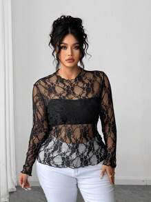 SHEIN Unity Plus Size Women Sexy Layered Lace Top - Multicolor - View 3