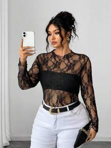 SHEIN Unity Plus Size Women Sexy Layered Lace Top - Multicolor - View 4