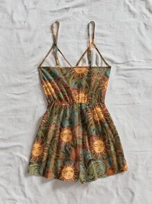 Soleia 休闲花卉和太阳神图案连体裤，适合夏季 - 黑色 - 查看 2