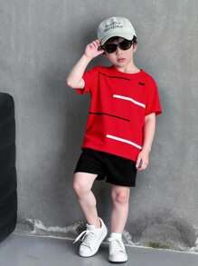 SHEIN Chàng trai trẻ Sọc Vòng cổ Ngắn tay Áo thun Và Bộ quần short - Đỏ - Xem 5