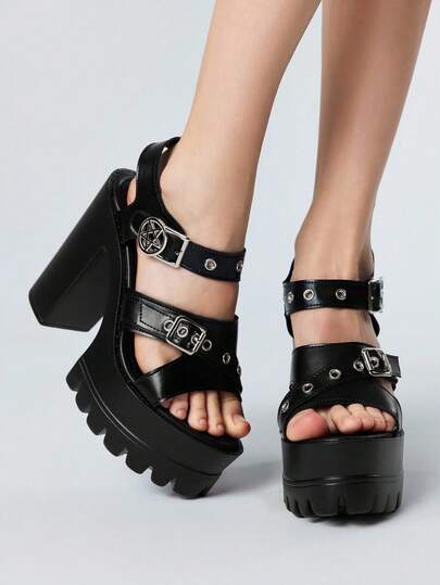 Grunge Punk Elegant Fashion Casual Black Round Toe Chunky Heel Pumps, Punk Goth Roman Gladiator Sandals Suitable For Party, Daily Wear, Evening Dress, Height Increase And Leg Elongation, Comfortable Versatile Women High Heels