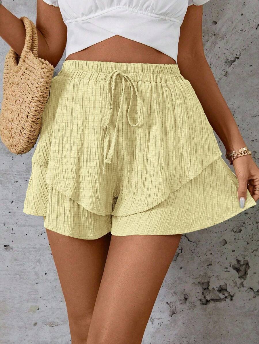 SHEIN LUNE 女士夏季休闲度假风格纯色纹理面料系带松紧腰宽松阔腿短裤 - 黃色 - 查看 1
