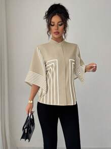 Elenzga 立领数码印花几何线条图案，不对称袖法式优雅衬衫，适合春夏度假 - 卡其色 - 查看 5