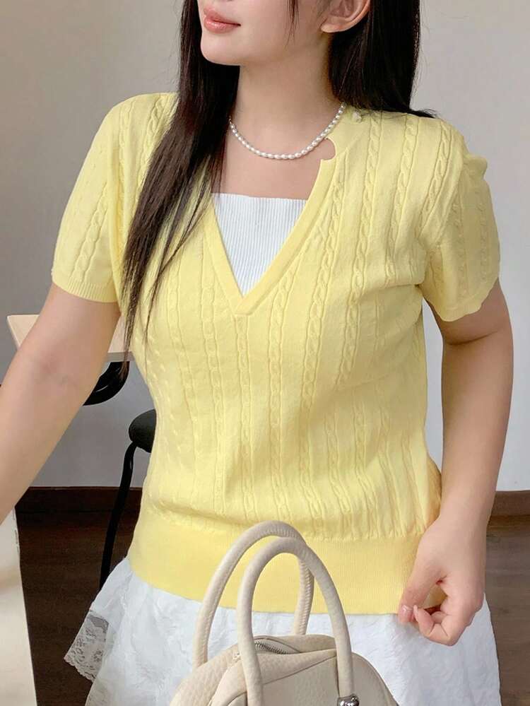 Dazy Plus Plus Size Women Contrast Color Patchwork 2 In 1 Braided Short Sleeve Knit Top