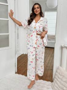 SHEIN Floral Print Lapel Cardigan & Bubble Chiffon Plus Size Pajama Set,Summer Pj Sets For Women - Multicolor - View 7