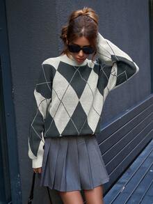 EURMUSE Women Mock Neck Diamond Pattern Drop Shoulder Pullover - Dark Grey - View 5