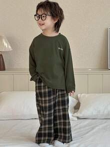 Dazy Kids Young Boys Letter Print Long Sleeve Top & Plaid Pants Pajama Set