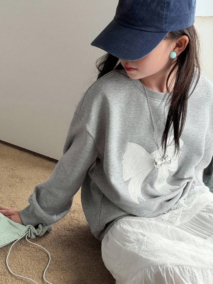 DAZY Tween Size Round Neck Knitted Fleece Sweatshirt With Bow Embroidery Fall,Winter - Grey - View 1