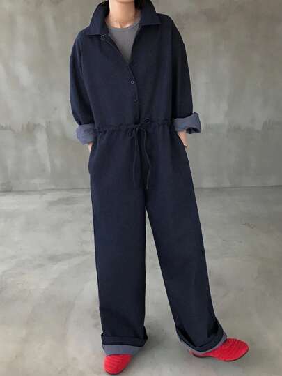 FRIFUL Women's Solid Navy Drawstring Waist Drop Shoulder Long Sleeve Straight Leg Denim Jumpsuit, Autumn