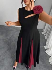 Modelyn Váy chữ A cổ tròn màu đen họa tiết hoa 3D màu hồng cỡ lớn - Nhiều màu - Xem 1