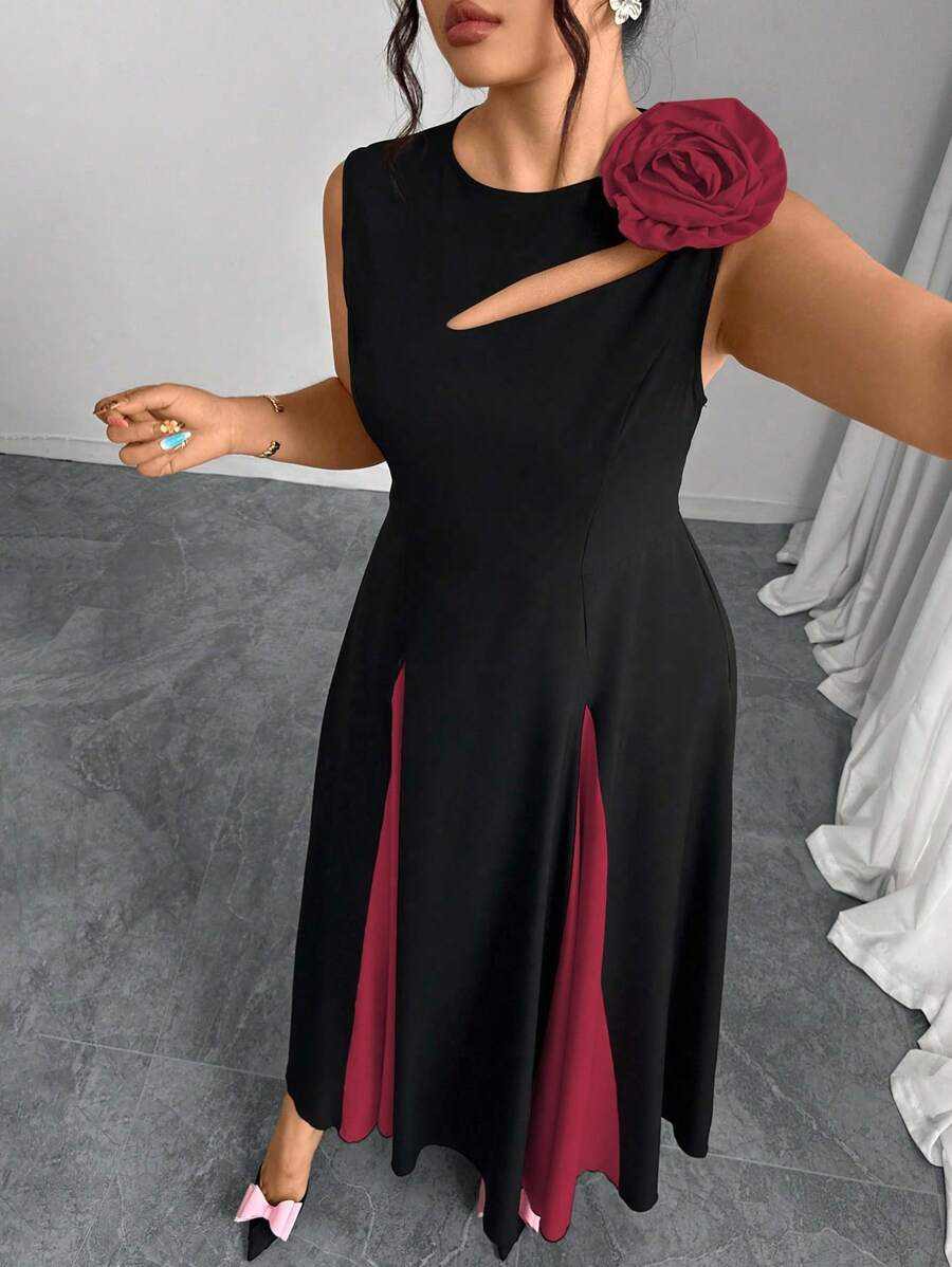 Modelyn Váy chữ A cổ tròn màu đen họa tiết hoa 3D màu hồng cỡ lớn - Nhiều màu - Xem 1