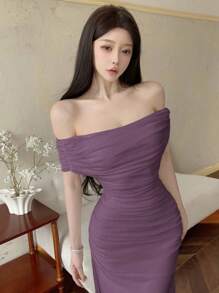 Modelyn Women's Off Shoulder Ruched Waist Elegant Wedding/Party Dress - Purple - View 6