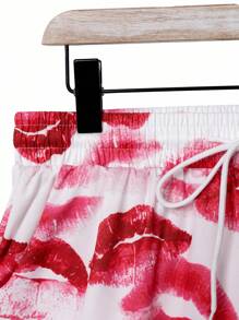 Manfinity KASUA 男士唇印短袖上衣和短裤，休闲沙滩装男士沙滩装套装度假套装男士 - 粉色 - 查看 7