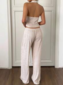 SHEIN EZwear Women's Apricot Knitted Textured Halter Neck Top And Pants Set - White - View 2