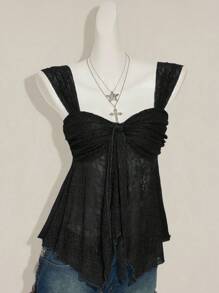 Sweetina Black Lace Sweetheart Tank Top With Wide Straps And Asymmetrical Ruched Hem
