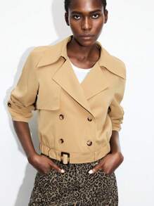 Maija 女式卡其色风衣，四季百搭，现代都市时尚必备，落肩长袖，大翻领，腰带装饰，商务休闲办公装，低调优雅，都市通勤，杂志编辑同款，都市社交聚会派对，魅力女士夹克短款夹克短款西装外套女士夏季女士短款夹克女士机场服装斯德哥尔摩街头风格，秋冬精致简约清凉 - 卡其色 - 查看 3