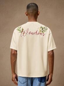 EASEVO Áo thun nam tay ngắn cổ tròn trễ vai thêu hoa cỡ lớn - Màu be - Xem 4