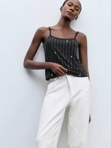 Maija Women's Summer Rivet Decor Loose Camisole Y2k Clothes Country Concert Top Going Out Tops Coquette Club Outfits Women Sexy  Studded Top Eyelet Top For Women Studded Tank Top Sequin Top Rhinestone Top Tops For Going Out Halloween Clothes Women Tank Tops Women - Black - View 4