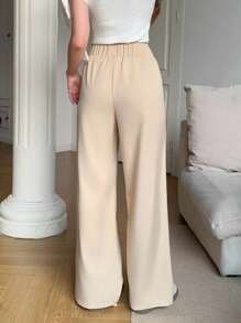 SHEIN 少女下装优雅直筒办公室裤，双扣秋季服装，办公室警笛，商务女孩服装，优雅轻松别致必备， - 杏色 - 查看 2