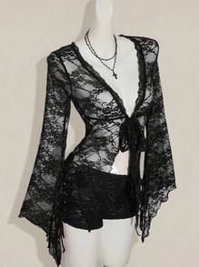 SHEIN ICON Women's Stylish Black V Neck Lace Blouse With Flowy Flare Sleeves,Sexy Top
