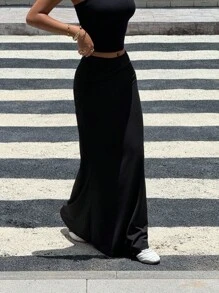 SHEIN Everyday Casual Teen Girls Long Black Polyester Mermaid Skirt With Straight Hemline