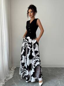 Elenzga Top Casual Chique + Saia Elegante e Fluida para Férias (Corte Aleatório)