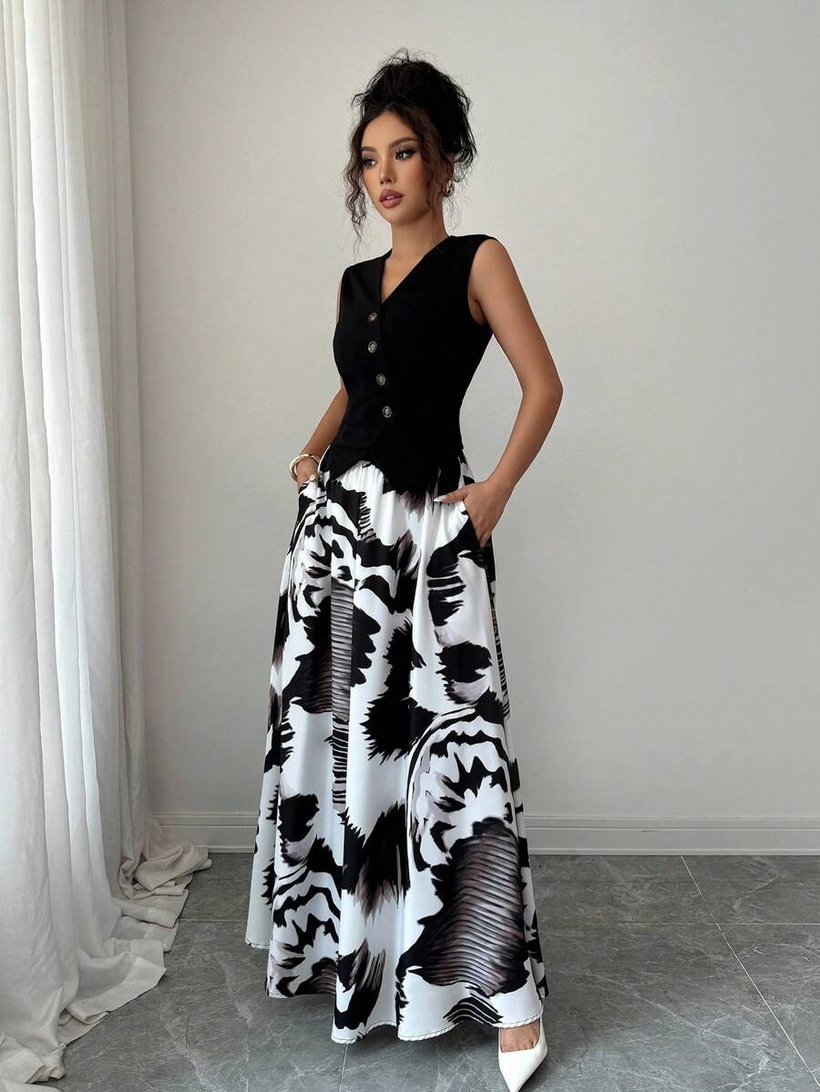 Elenzga Top Casual Chique + Saia Elegante e Fluida para Férias (Corte Aleatório)