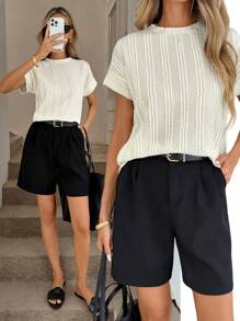 Easowa Camiseta básica de mujer de cuello redondo de manga corta con textura de rayas, top de punto casual de mujer, top de punto de mujer, top casual de negocios, estilo "Old Money" para mujer de negocios casuales, para mujer de noche/salida, tops de salida para mujer, para mujer en el aeropuerto, de vuelta al colegio, para profesoras, camisas de profesora
