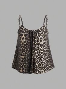 SHEIN EZwear 3 件套黑色豹纹卡其色女式可调节肩带宽松褶皱吊带背心，适合春夏季 - 彩色 - 查看 9