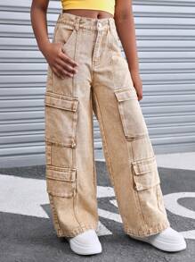 Tween Girl Fashion Casual Vintage Cool Y2k Khaki Comfortable Flap Pocket High Waist Baggy Denim Cargo Jeans For Tween Girl Clothes Girls Costume Dailywear And Tween Girl Fall And Autumn Or Winter Clothes Back To School Homecoming Rave Outfits Festival And Beach Outfits Streetwear School Clothes, Cargo Pants For Teen Girl, Baggy Cargo Jeans, Cargos For Girls, Thick Cargo Pants