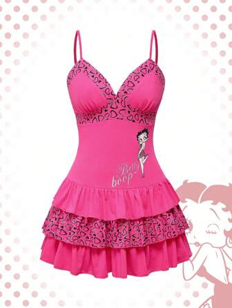 Betty Boop | ROMWE Vestido mini de capa escalonada con estampado de corazón retro vintage dulce para mujeres