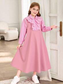 Vestido Fofo de Manga Longa com Bainha Plissada em Xadrez Retalho para Meninas Jovens