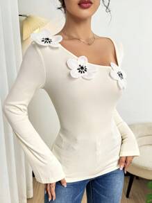 Modelyn Women's Asymmetrical Collar Long Sleeve Elegant T-Shirt With 3D Floral Decor, Spring Autumn Graphic Tees Women Tops For Spring Fall Cloth For Women - Apricot - View 5