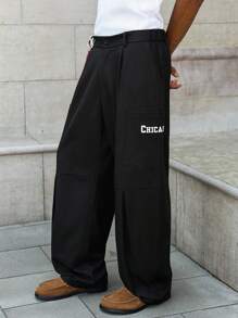 PAVTROS 男士黑色阔腿裤，休闲时尚，字母印花口袋黑色裤子男士黑色裤子 Y2k 裤子宽松裤，街头潮流，男友礼物，返校 - 黑色 - 查看 5