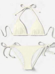 SHEIN Swim 2件組 女款夏季海灘純色掛脖式性感比基尼泳衣套裝 - 米色 - 查看 1