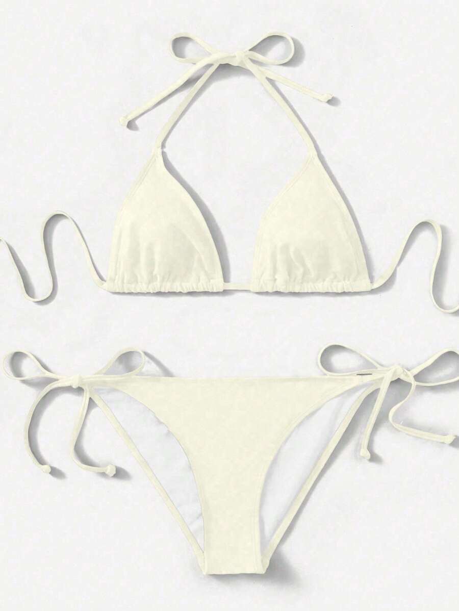 SHEIN Swim 2件組 女款夏季海灘純色掛脖式性感比基尼泳衣套裝 - 米色 - 查看 1