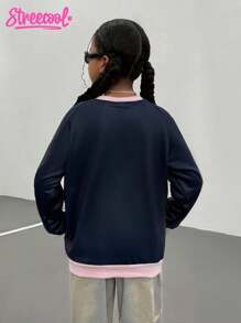 Tween Girl Navy Blue And White Number Print Sweatshirt,Autumn Casual School Back-To-School Long Sleeve T-Shirt,Vibrant Color Contrast Numeric Design - Royal Blue - View 2