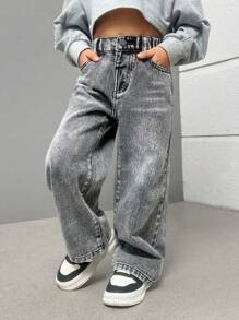 SHEIN Sparklyn 年轻女孩时尚休闲水洗牛仔直筒裤，带刺绣后袋，阔腿牛仔裤，儿童宽松牛仔裤，年轻女孩，女孩 - 灰色 - 查看 7