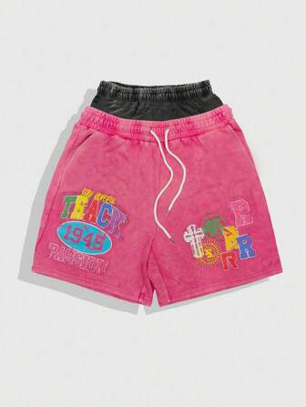 Prep Pantalones cortos casuales de hombre con estampado de letras y cintura con cordón, para verano