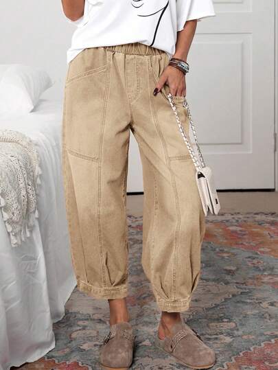 EMERY ROSE Pantalones vaqueros casuales de mujer con cintura con cordón y lavado vintage, pantalones casuales de mujer, pantalones de verano de mujer con cintura elástica, pantalones de mujer con bolsillos, pantalones caqui de mujer