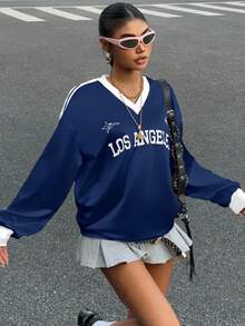 Muchica 女士秋冬新款运动字母撞色T恤 女士图案球衣 Y2K 球衣 洛杉矶球衣 街头服饰女装 女士球衣 - 藏蓝色 - 查看 6