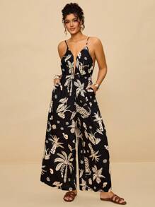 SHEIN VCAY 大码休闲热带印花无袖连体裤，带口袋，舒适棉质面料，收腰设计，适合夏季度假和节假日 - 黑色 - 查看 6