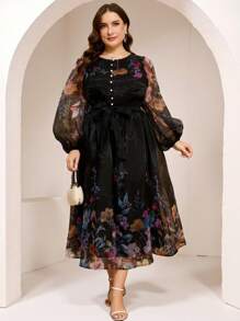 Veilorie Plus Size Women Elegant Floral Print Arabic Style Dress