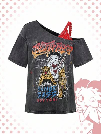 Betty Boop | ROMWE Women's Contrast Lace Cartoon Graphic Loose Fit Asymmetrical Shoulder T-Shirt